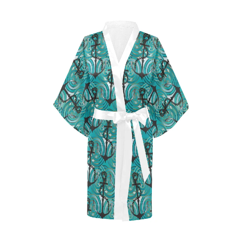 Anchor nautical green background Women's Short Kimono Robe