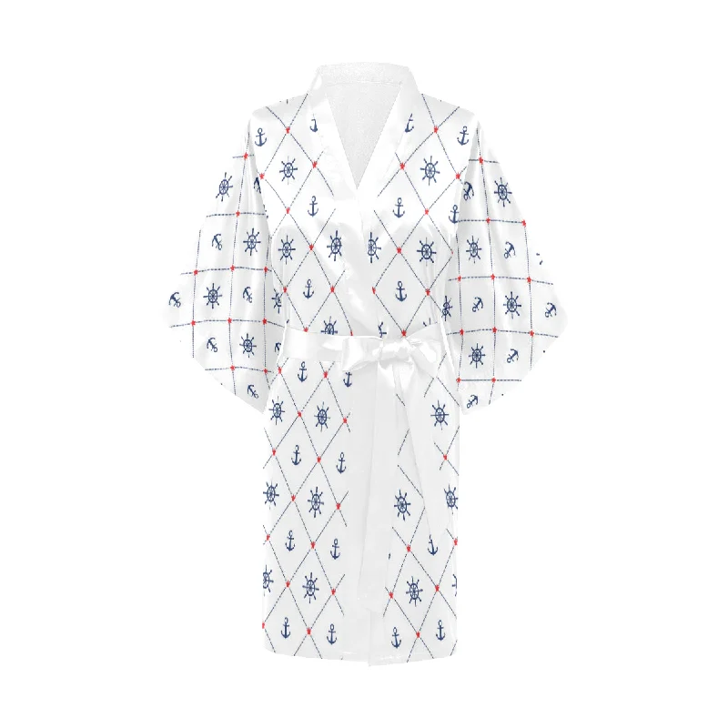 Anchor rudder nautical design pattern Women's Short Kimono Robe