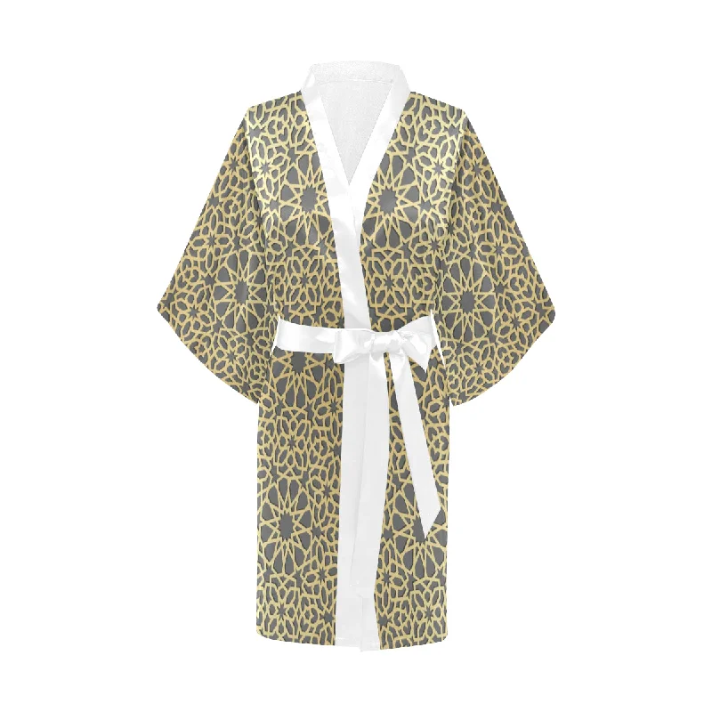 arabic star gold pattern Women's Short Kimono Robe