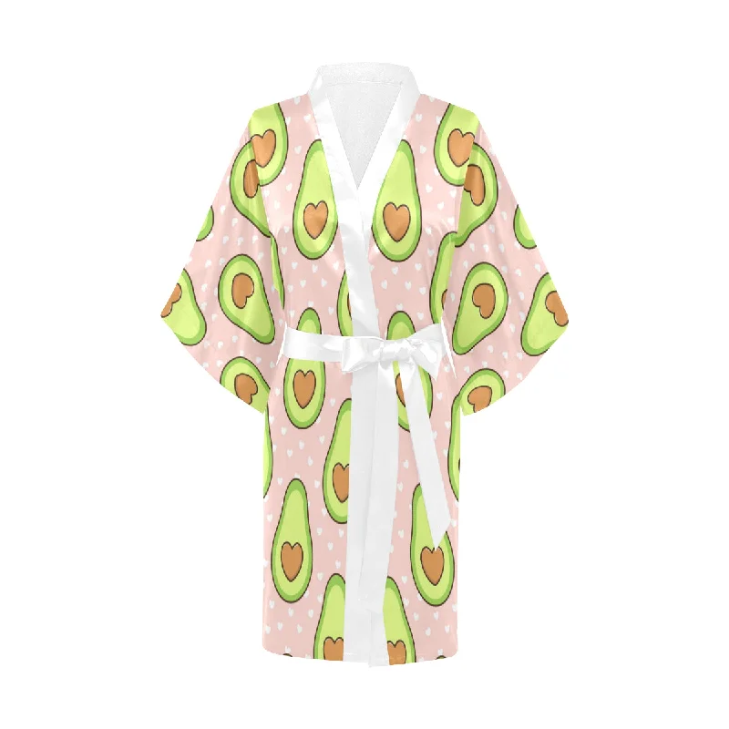 Avocado heart pink background Women's Short Kimono Robe