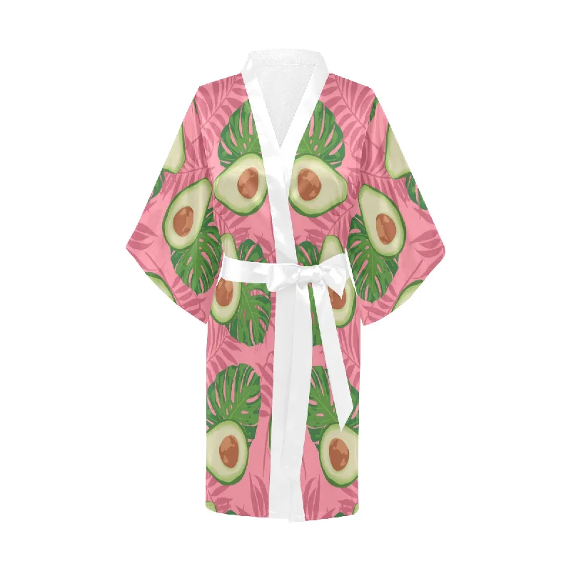 Avocado slices leaves pink back ground Women's Short Kimono Robe