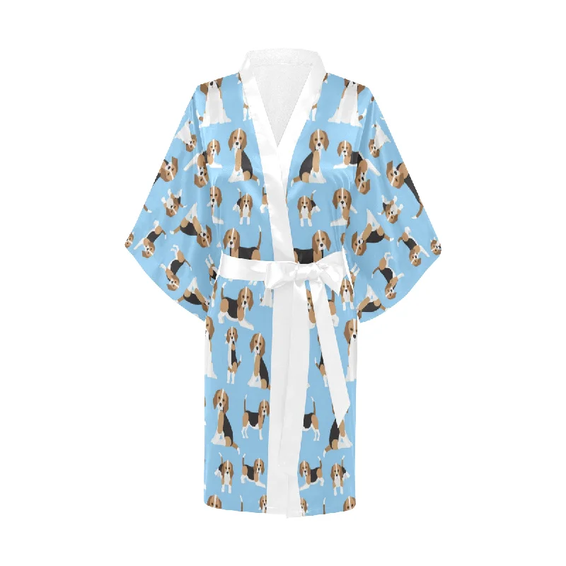 Beagle dog blue background pattern Women's Short Kimono Robe