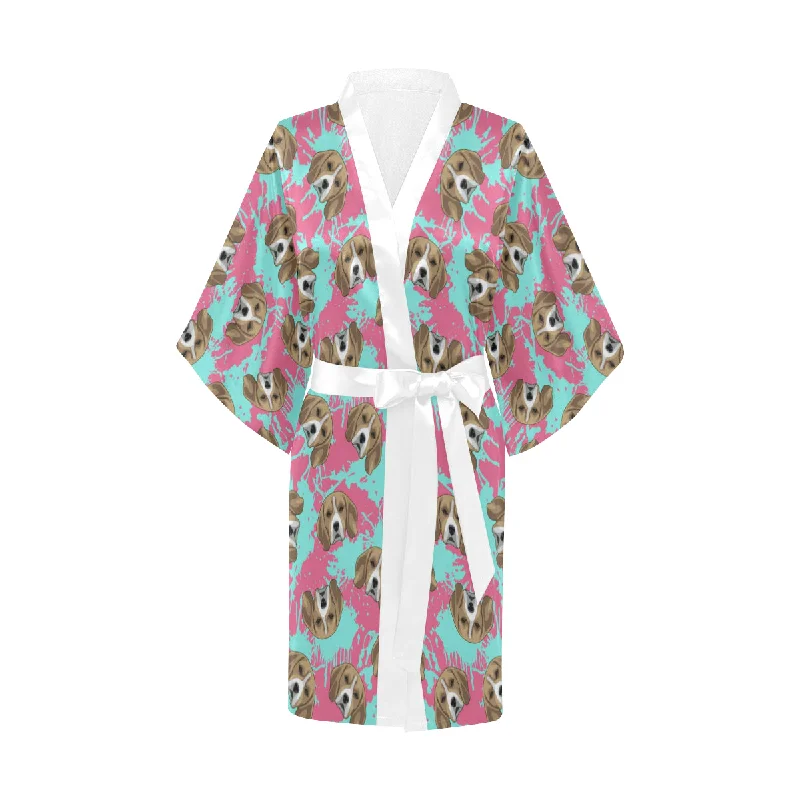 Beagle muzzles turquoise paint splashes pink patte Women's Short Kimono Robe