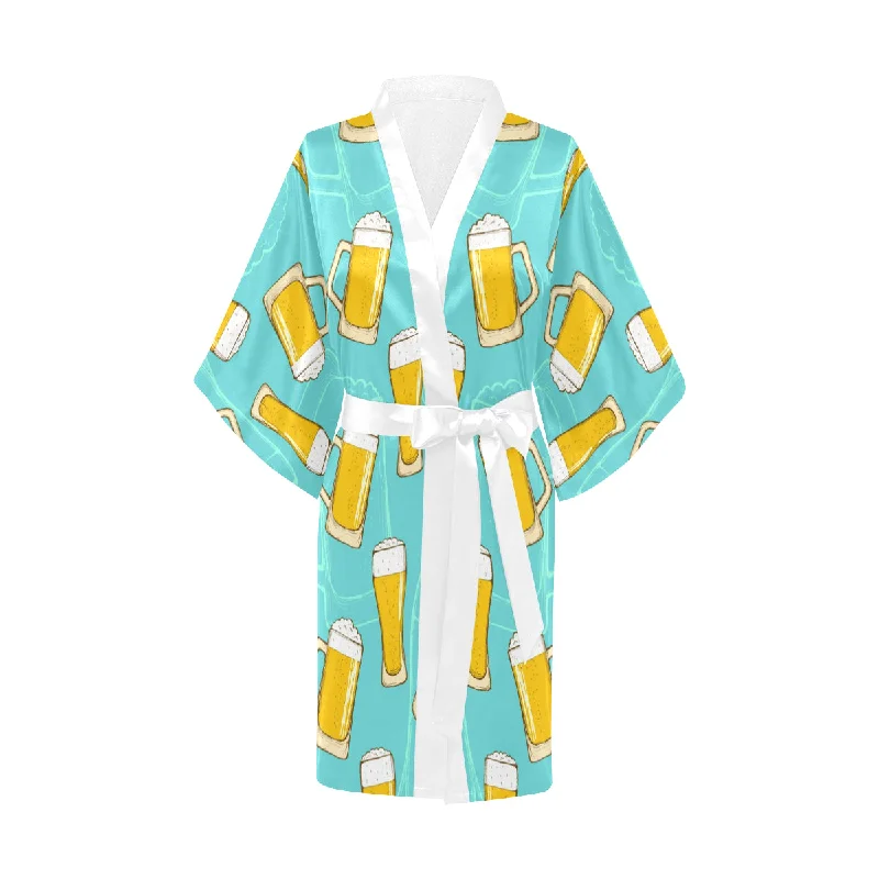 Beer pattern green background Women's Short Kimono Robe