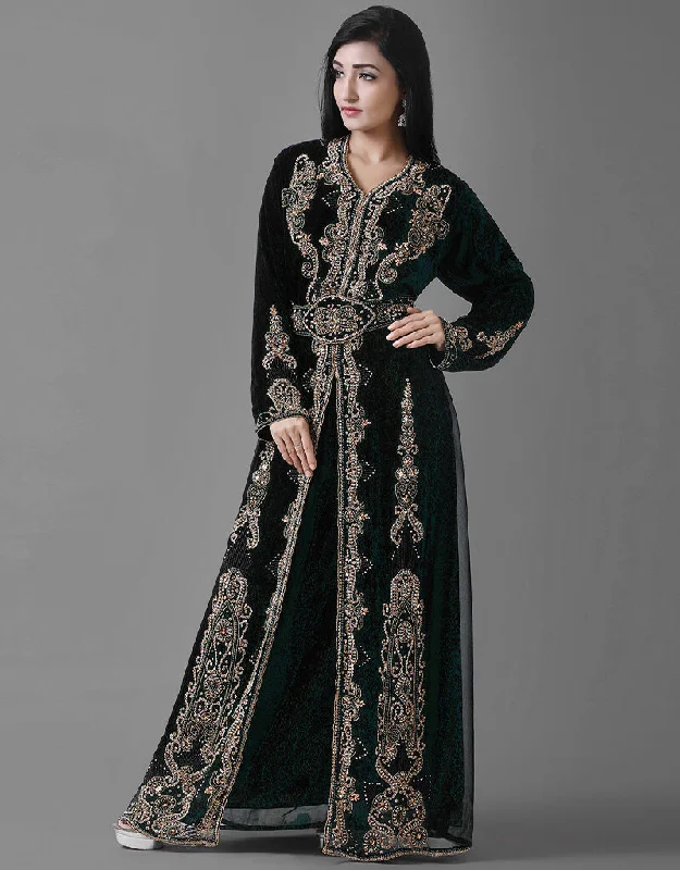 Trandy Black Georgette Hand Pearl Work Moroccan kaftan