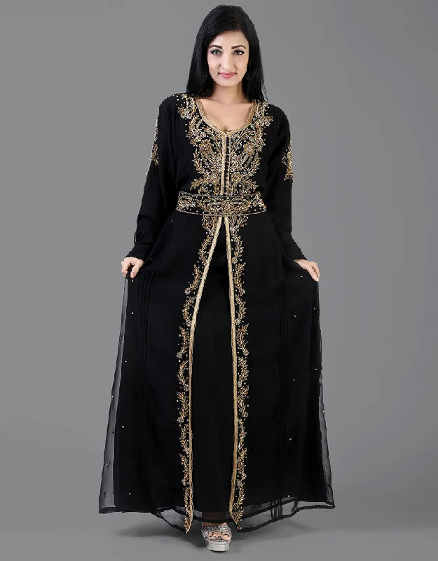 Trendy Black Georgette Hand Pearl Work Moroccan kaftan