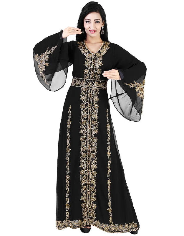 Islamic Black Georgette Pearl Embroidery Kaftan