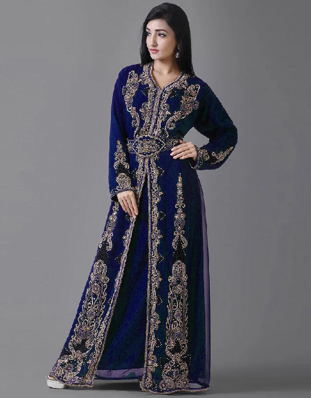 Chic Blue Georgette Hand Pearl Work Moroccan kaftan