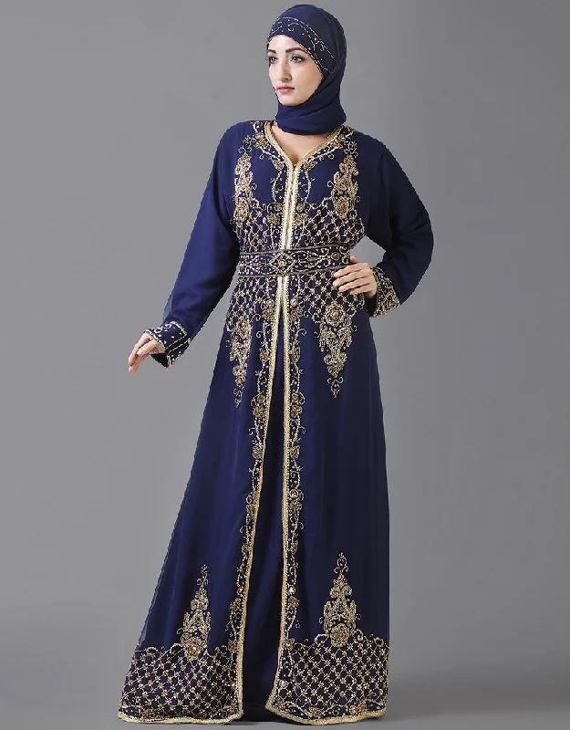 Muslim Blue Georgette Hand Zari Embroidery Kaftan