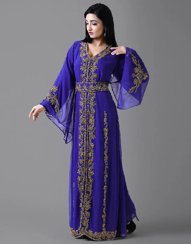 Muslim Blue Georgette Pearl Embroidery Kaftan