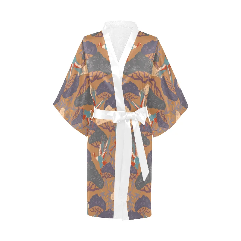 Bonsai bamboo stork japanese pattern brown theme Women's Short Kimono Robe