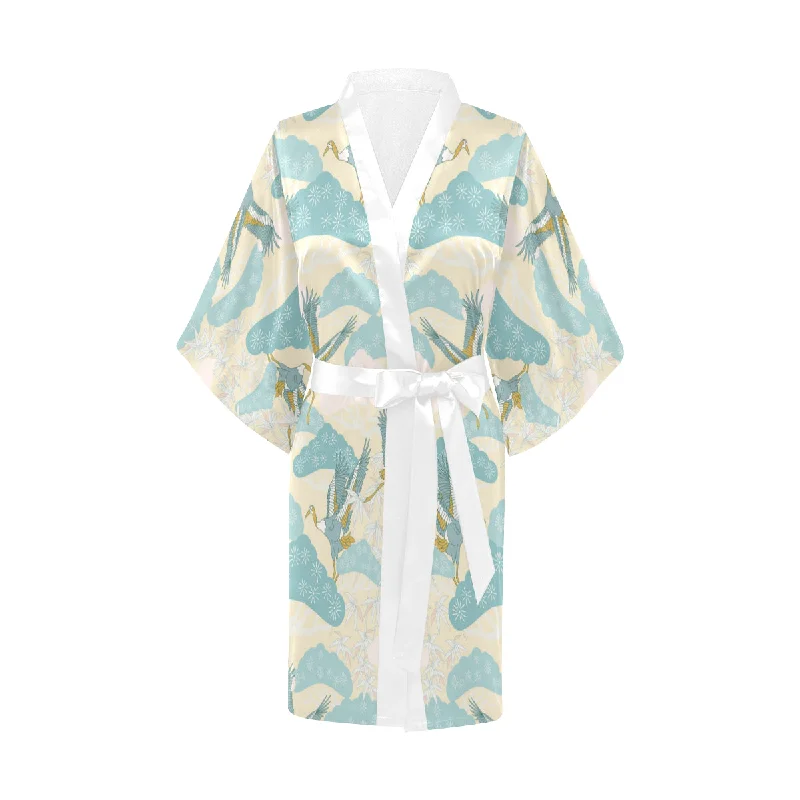 Bonsai bamboo stork japanese pattern cream theme Women's Short Kimono Robe