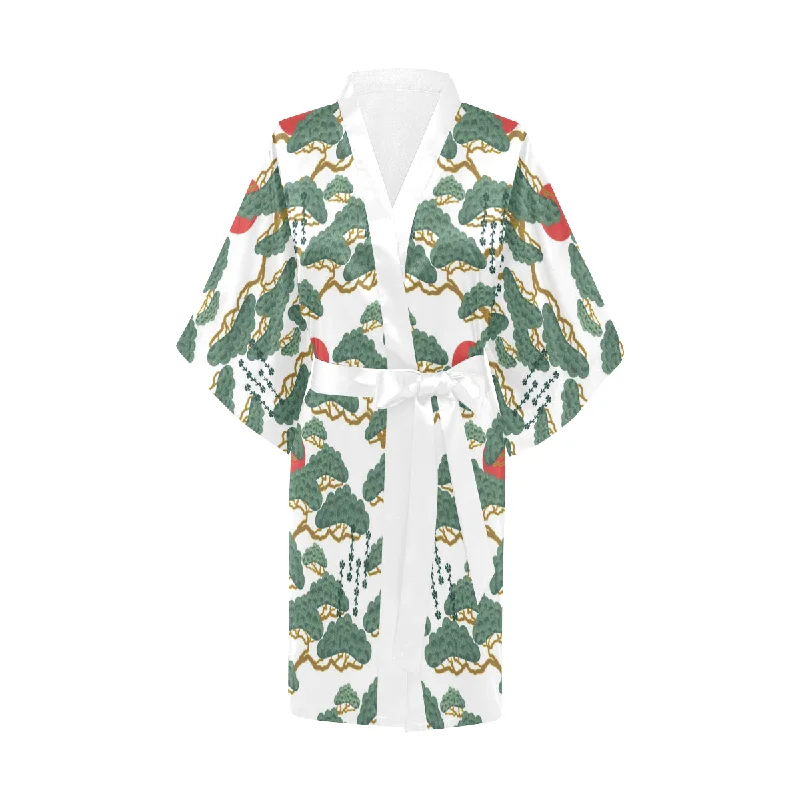 Bonsai red sun japanese pattern Women's Short Kimono Robe