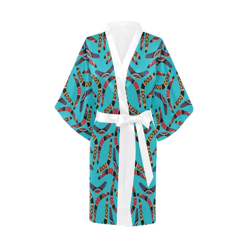 Boomerang Australian aboriginal ornament blue back Women's Short Kimono Robe