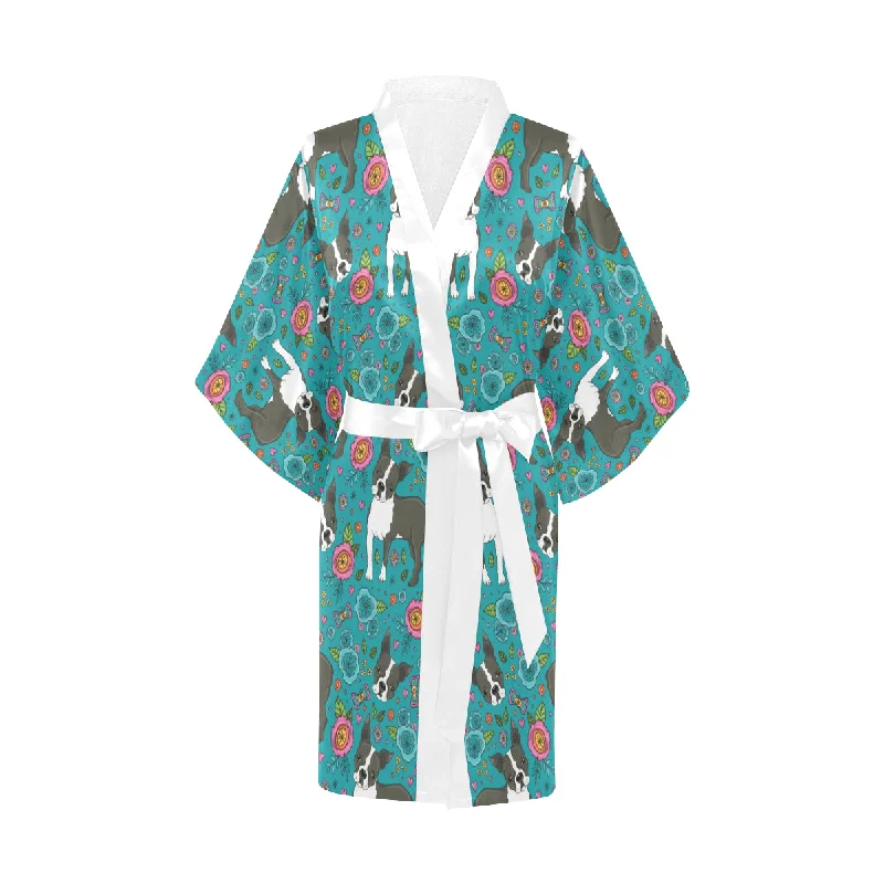 Boston terrier beautiful flower pattern Women's Short Kimono Robe