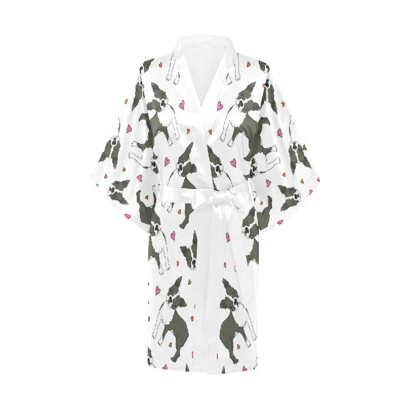 Boston terrier dog hearts vector pattern Women's Short Kimono Robe