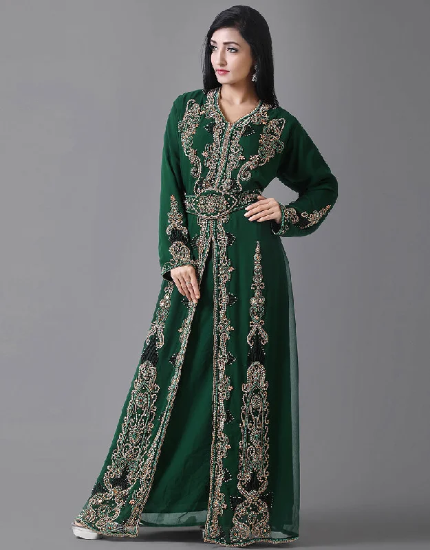 Modern Bottle Green Georgette Hand Pearl Work Moroccan kaftan