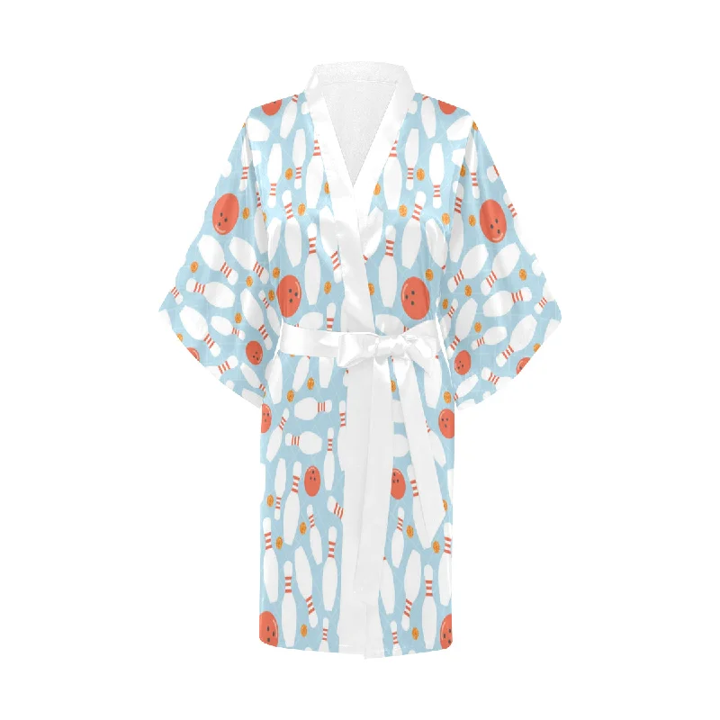 Bowling ball bowling pins blue blackground Women's Short Kimono Robe