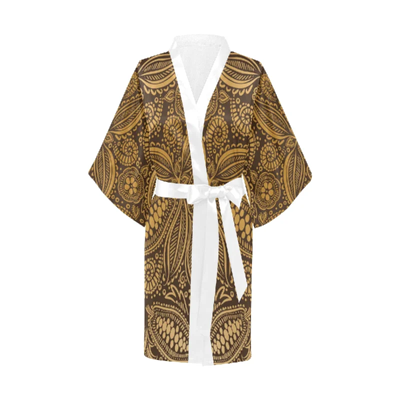 cacao beans tribal polynesian pattern background Women's Short Kimono Robe