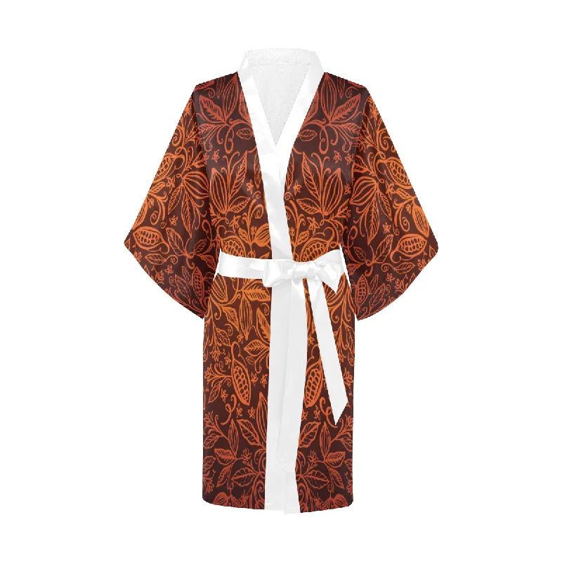 cacao beans tribal polynesian pattern Women's Short Kimono Robe