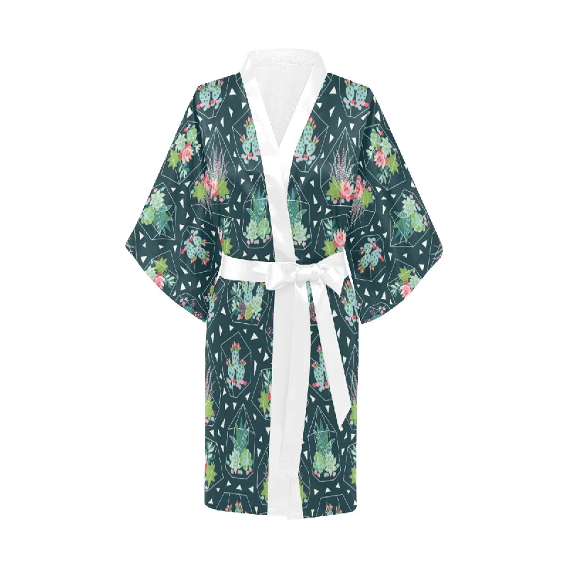 Cactus glass terrarium pattern Women's Short Kimono Robe