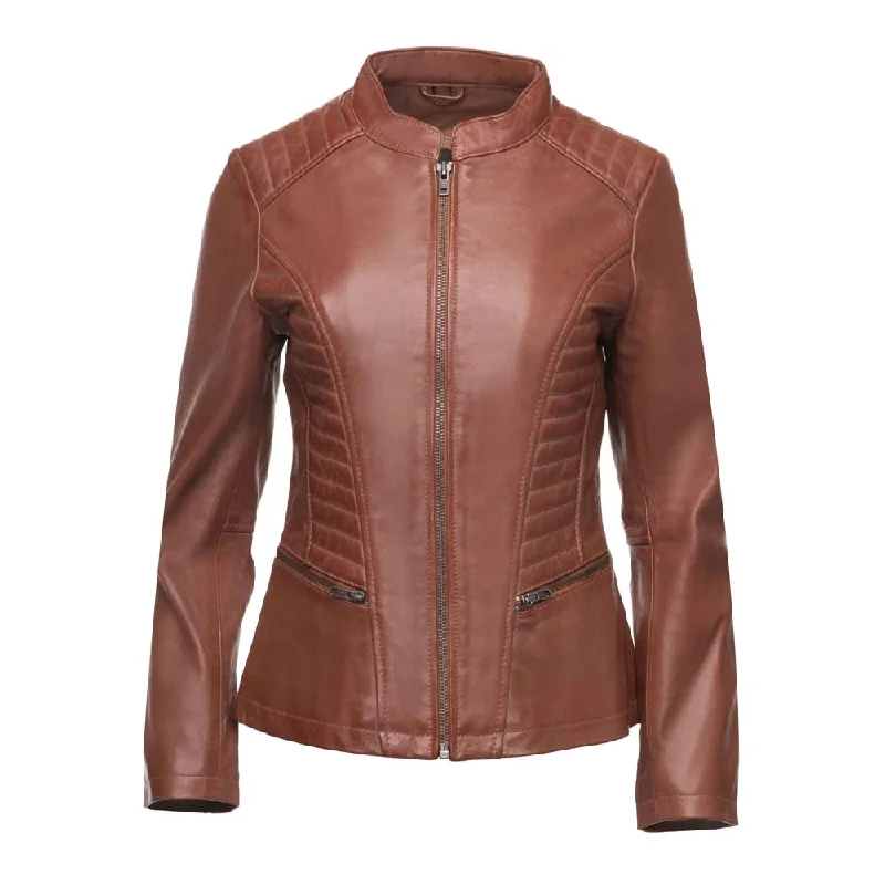 Claudia Sand Washed Leather Jacket With Rounded Collar