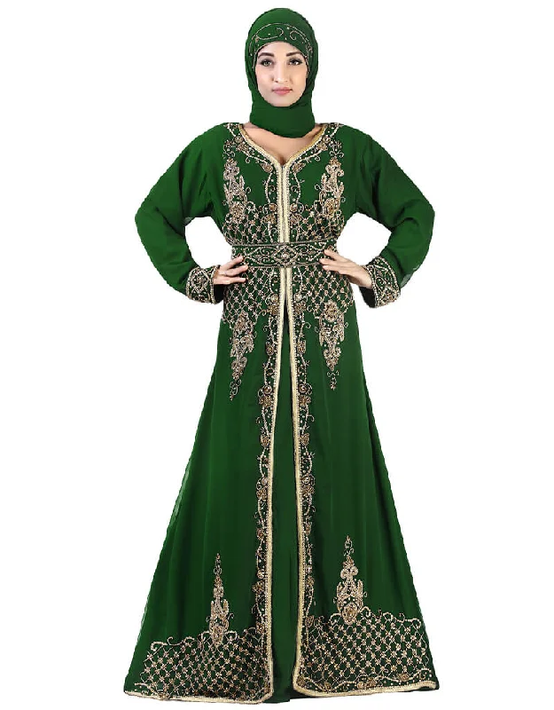 Arabic Green Georgette Hand Zari Embroidery Kaftan