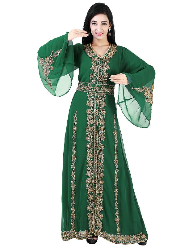 Modest Green Georgette Pearl Embroidery Kaftan