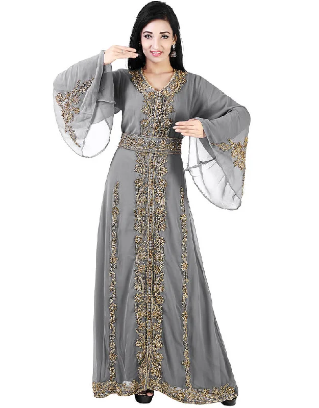 Arabic Grey Georgette Pearl Embroidery Kaftan