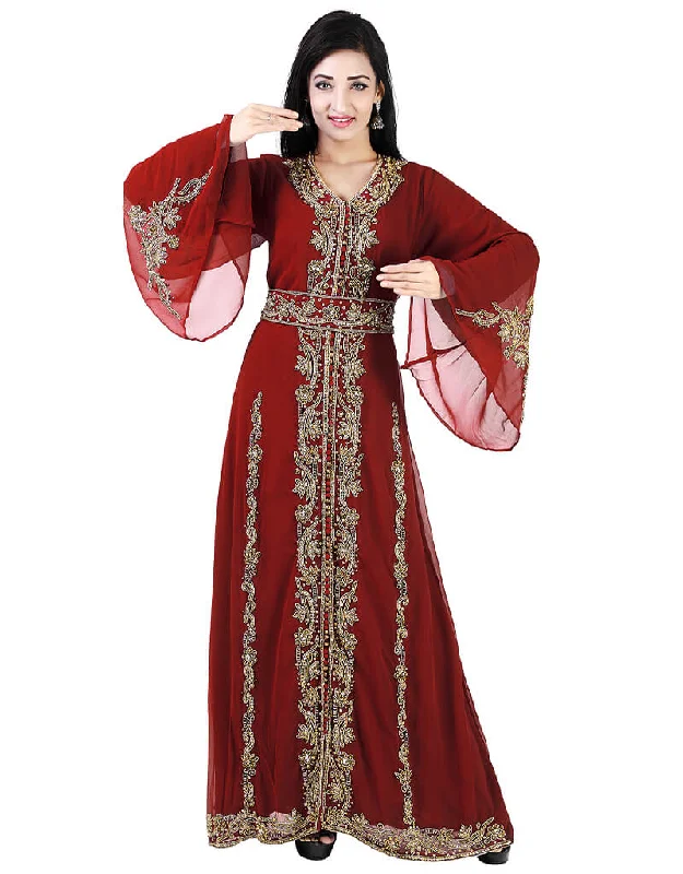 Women Maroon Georgette Pearl Embroidery Kaftan