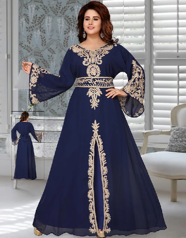 Muslim Navy Blue Embroidery Worked Moroccan Kaftan