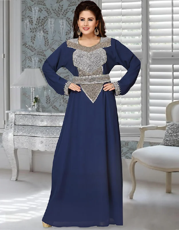 Dubai Navy Blue Heavy Embroidery Worked Moroccan Kaftan