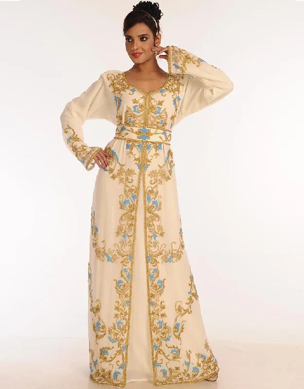 Muslim Off White Georgette Hand Embroidery Party Wear Kaftan