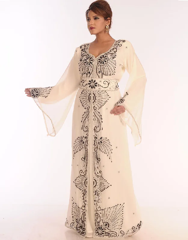 Off White Georgette Hand Embroidery Party Wear Kaftan