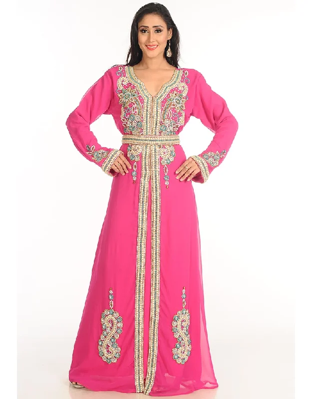 Chic Pink Georgette Hand Zari Embroidery Kaftan