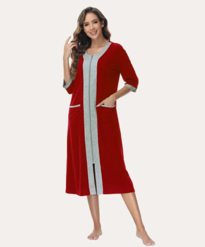 Red Women's Zippered Nightgown Long Robes