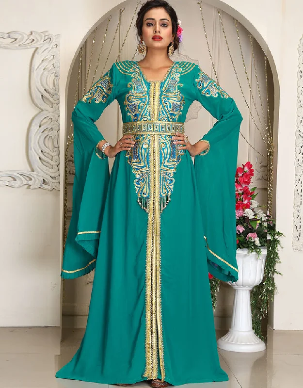 Dubai SeaGreen Georgette Stone Embroidery Moroccan