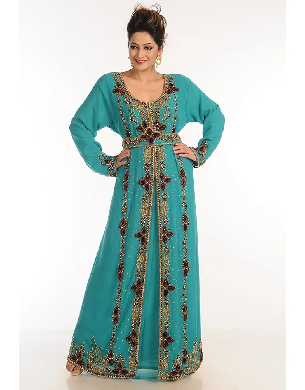 Modern Teal Georgette Hand Zari Embroidery Kaftan