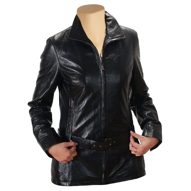 Women's Donna Black Leather Jacket with Front Zipper