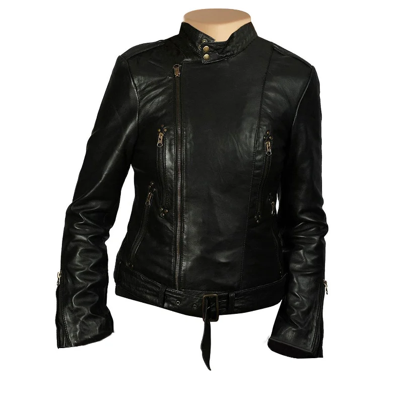 Womens Lynn Black Leather Jacket With Side Zipper