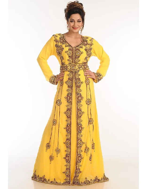 Muslim Yellow Georgette Hand Zari Embroidery Kaftan