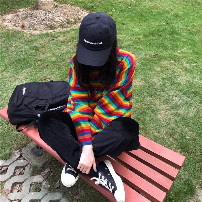 Korean Harajuku Style Hong Kong Loose Striped Female Pullover Sweaters