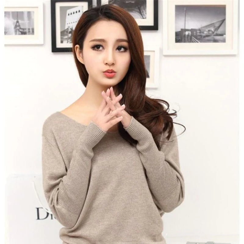 Sexy Women's Spring Autumn Cashmere Wool V-Neck Batwing Loose Sweater