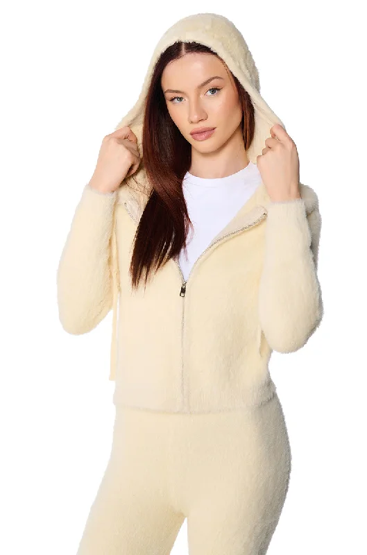 UNWIND FUZZY ZIP UP HOODED SWEATER