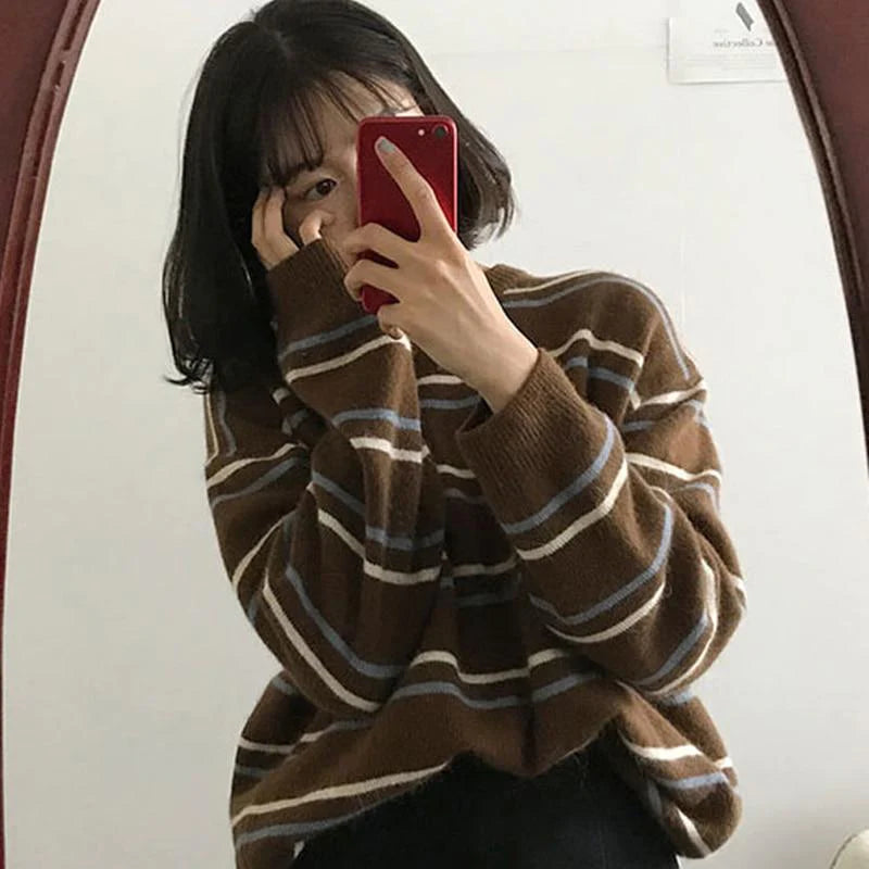 Women's Soft Cotton Autumn O-Neck Striped Chic Pullover Sweaters