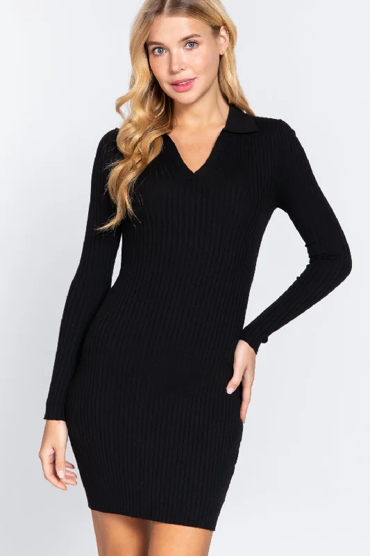 Long Sleeve V-neck Sweater Rib Mini Dress