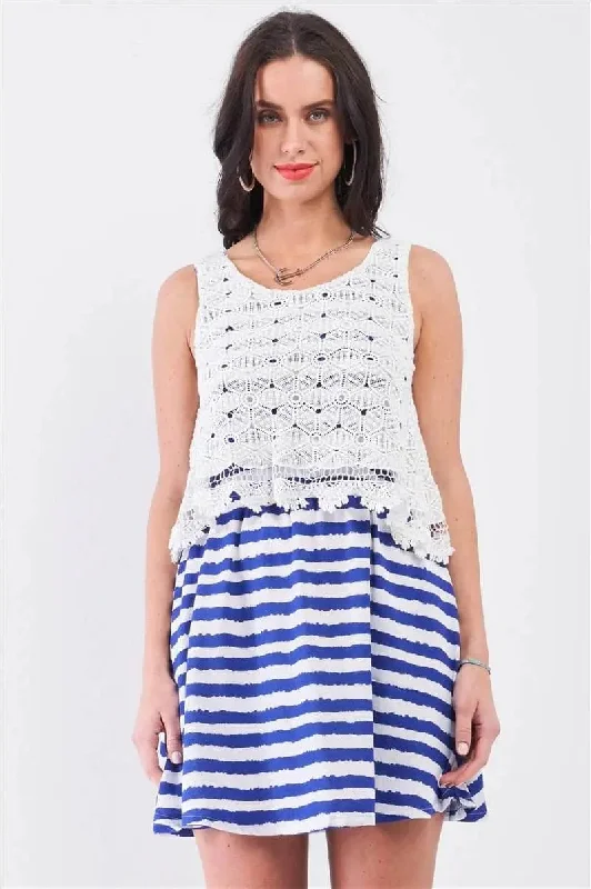 Love Blue Stripes Floral Embroidery Layered Top Mini Dress