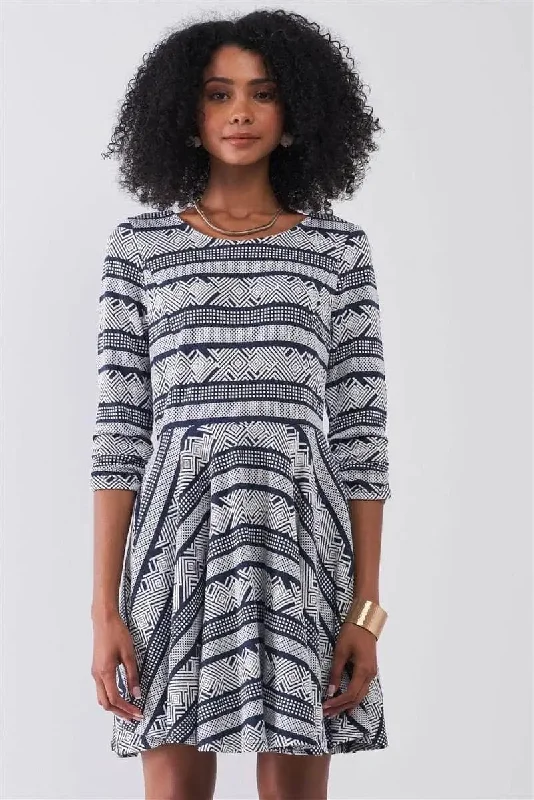 Multi Print Round Neck 3/4 Sleeve A-line Mini Dress