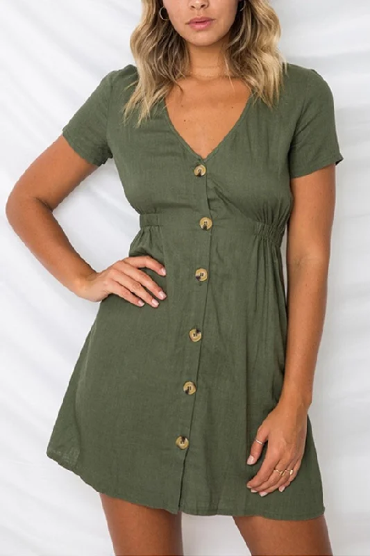 WanaDress Buttons Up V Neck Solid Short Sleeve Mini Dress