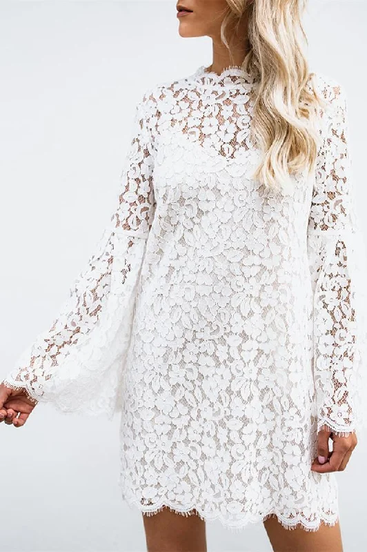 WanaDress Hollow Out Lace Bell Sleeve V Neck Dress